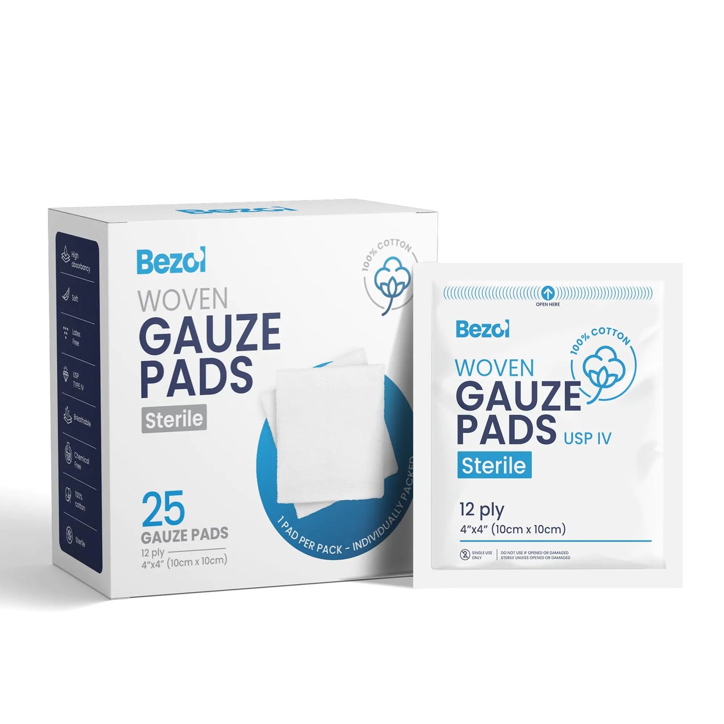 BEZOL 25 Woven Large Sterile Gauze Pads 4x4 - Individually Packed 12-ply 4x4 Gauze Pads Sterile - Non-Stick Gauze Pads 4x4 Sterile for Wounds - First Aid Wound Care Medical Gauze Sponges