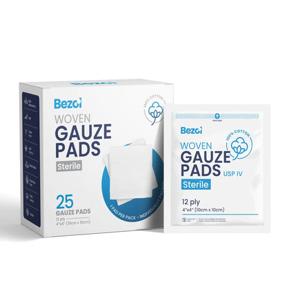 BEZOL 25 Woven Large Sterile Gauze Pads 4x4 - Individually Packed 12-ply 4x4 Gauze Pads Sterile - Non-Stick Gauze Pads 4x4 Sterile for Wounds - First Aid Wound Care Medical Gauze Sponges